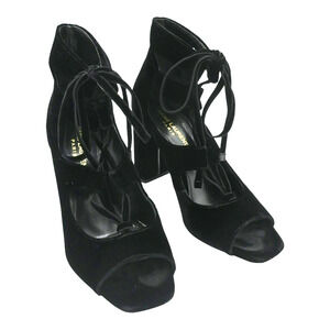 Saint Laurent Loulou Black Velvet YSL Lace-Up Block Heels Size 37